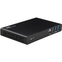 Black Lindy 43425 USB 3.0 hub with four blue USB ports and ventilation slots on the side.