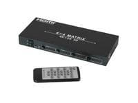 Lindy 4x4 HDMI 4K60 Matrix in black metal, featuring four HDMI input and output ports, with a remote control displaying buttons for easy operation.