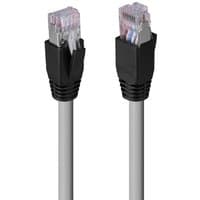 Grey Lindy 50m Cat.6A U/FTP LSZH cable with solid core, featuring black connectors and transparent plugs.