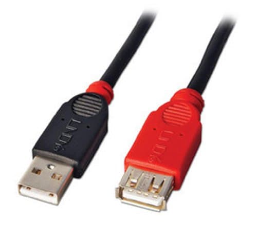 5m USB 2.0 active extension cable with a black male connector and a red female connector, featuring a slim design for easy connectivity.