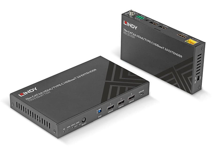 Two black metal KVM extenders, one flat and rectangular with ports on the side, and the other upright with multiple connections, both featuring the Lindy logo and model details.