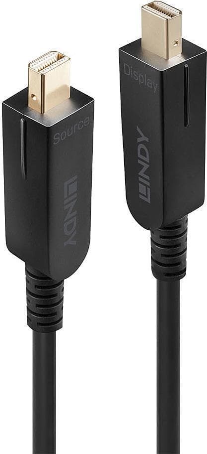 Black Fibre Optic Hybrid Mini DisplayPort 1.4 cable, 70m long, featuring gold-plated connectors labeled "Source" and "Display," with a flexible, durable design.
