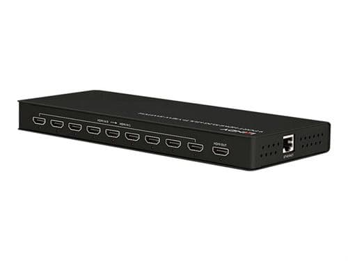 Black metal HDMI multi-view switch with nine HDMI input ports and one output port, featuring a sleek, rectangular design and ventilation holes on the side.