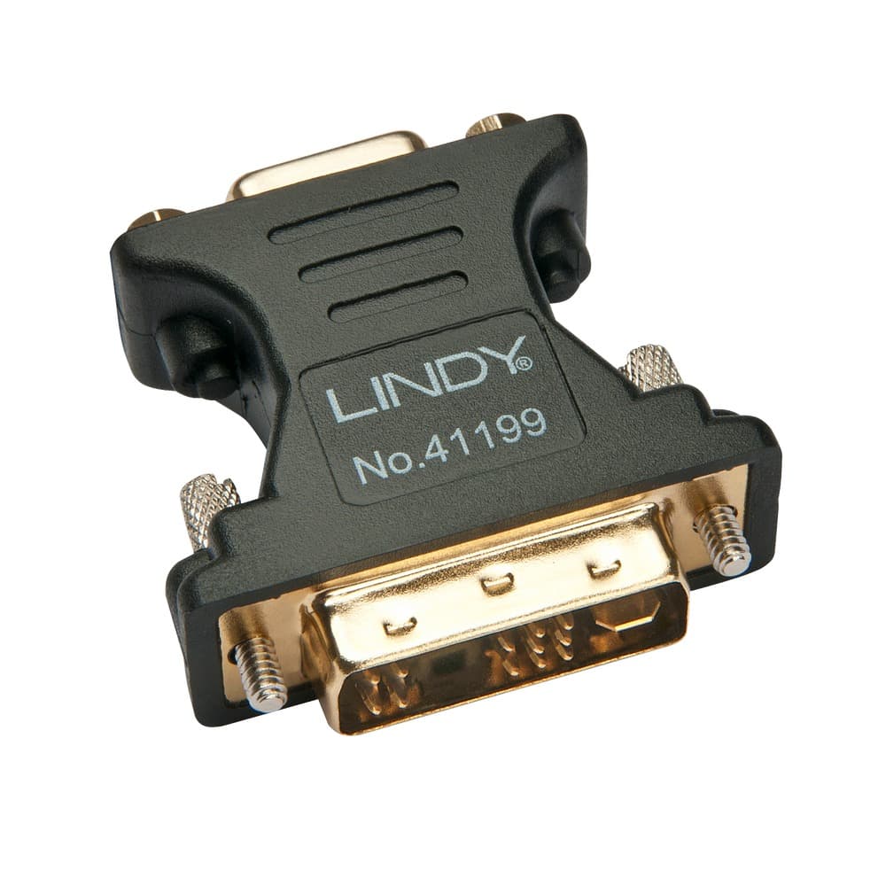 Black DVI-a male to VGA female adapter with gold-plated connectors, featuring a sturdy plastic body and metal screws for secure attachment.