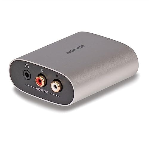Compact black audio extractor with RCA and HDMI connectors, featuring a sleek silver casing, labeled audio out ports, and a headphone jack on one side.