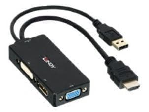 Black HDMI to DisplayPort converter with additional DVI and VGA ports, featuring a compact design and short cable for easy connectivity.