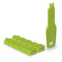 Green Lindy RJ45 port locks set with 10 locks and a matching key, featuring a compact design and bright color.