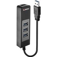 Black Lindy USB 3.0 hub with three ports and Gigabit Ethernet converter, attached USB cable with blue tip.