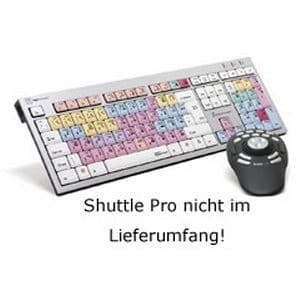 A UK English QWERTY keyboard with a white base and colorful shortcut keys for Avid Pro Tools, accompanied by a black multimedia remote control.