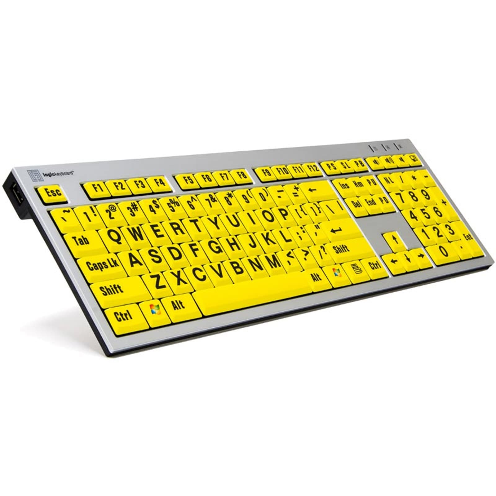 Bright yellow QWERTY keyboard with a sleek silver frame, featuring large, easy-to-read keys designed for home and office use, connected via USB.