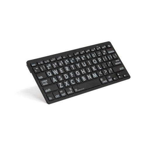 Compact black Bluetooth keyboard with QWERTY layout, featuring white key labels and a sleek, minimalist design, ideal for office use.