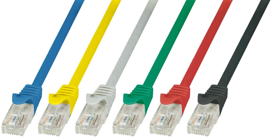 Five colored networking cables in blue, yellow, green, red, and black, each with clear connectors, showcasing their U/UTP Cat.5e design.