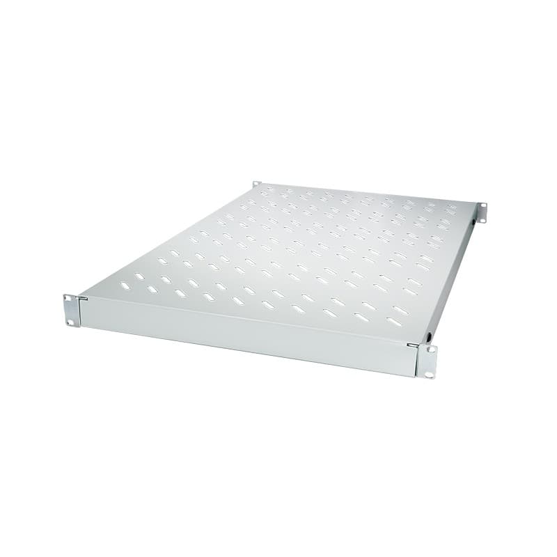 Adjustable 19" rack shelf in light grey metal, featuring a perforated surface for ventilation and sturdy brackets for secure mounting, designed for 800mm depth racks.