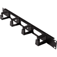 Black LogiLink 19" cable management panel with four rectangular rings and mounting brackets.