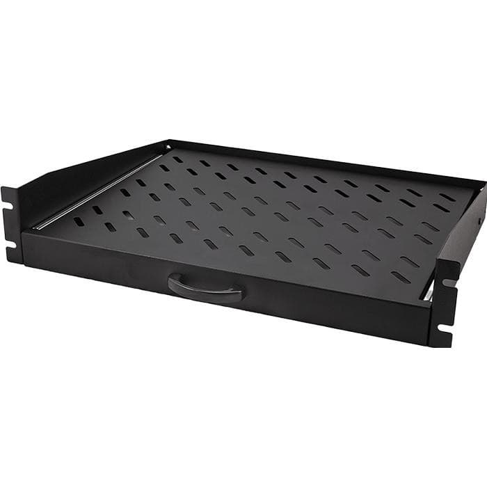 Black metal cantilever shelf with a 2U height, extendable design, dimensions of 350mm depth, featuring ventilation holes and a handle for easy access, supports up to 30 KG.