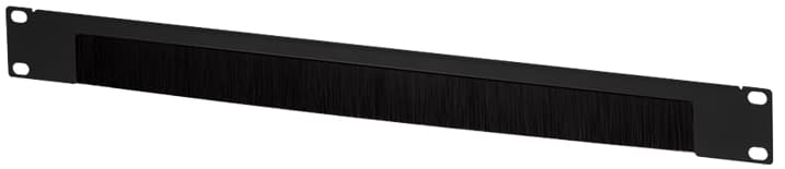 Black 19" rack brush plate, 1U size, featuring a sleek design with a textured brush strip for cable management, made of durable material with mounting holes on each end.