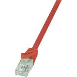 Red 2m Cat.5e U/UTP networking cable with a clear plastic connector, featuring a flat design and standard Ethernet plug for reliable data transmission.
