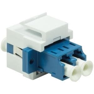 LogiLink 2xLC connector in white and blue plastic, featuring two LC ports, designed for fiber optic connections with a compact and modular design.