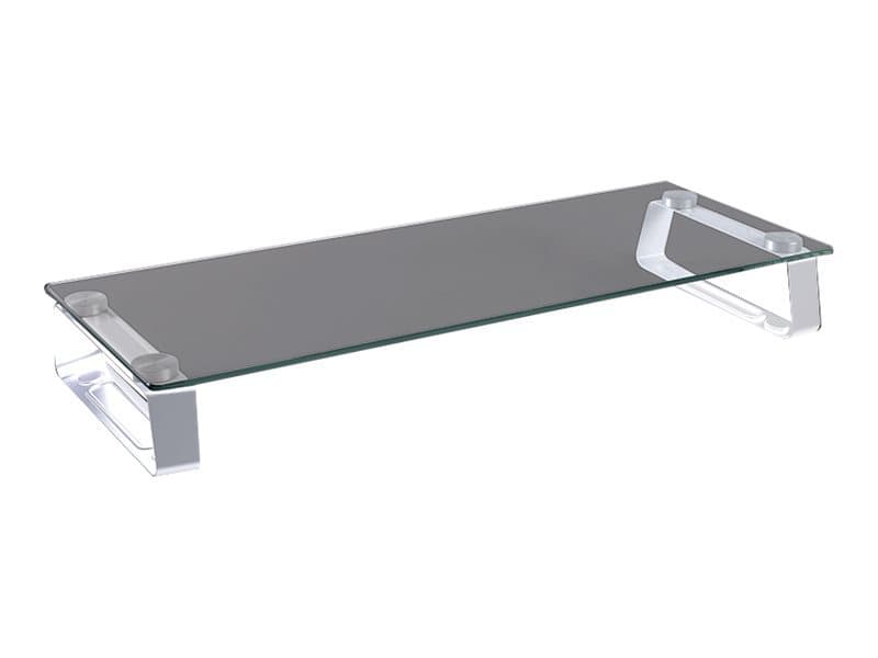 Metallic desk monitor mount with a sleek, transparent glass surface, measuring 81.3 cm (32"), featuring sturdy, modern supports on each end.