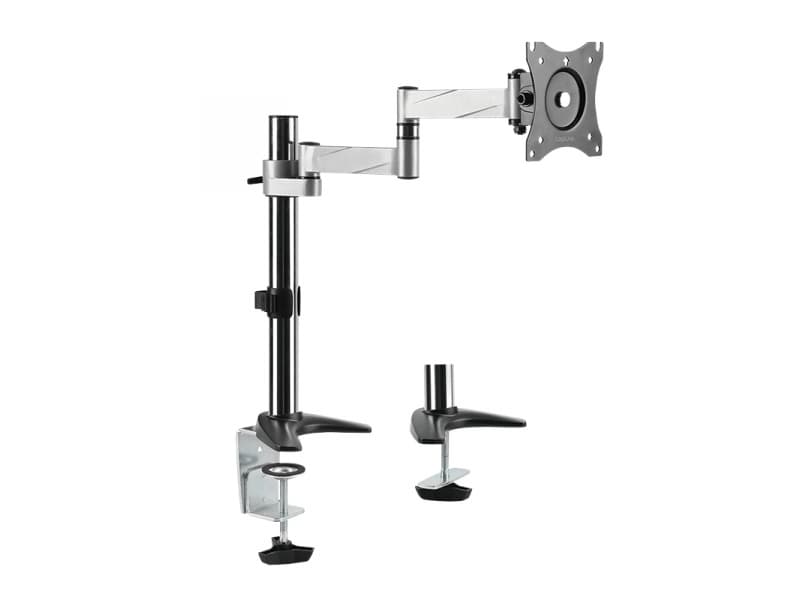 Black and silver LogiLink BP0076 monitor mount with adjustable arm, VESA-compatible bracket, and dual clamp for desk attachment, supporting monitors up to 27 inches.