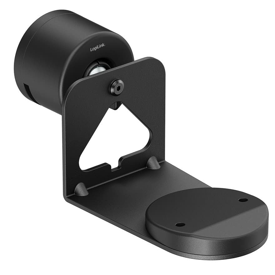 Black plastic and steel speaker mount with a circular base and triangular support, designed for wall installation, featuring a sleek, modern design.