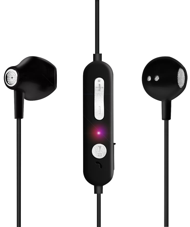 Wireless in-ear headphones with a neck-band design, featuring a sleek black finish, built-in microphone, and control buttons for volume and playback.
