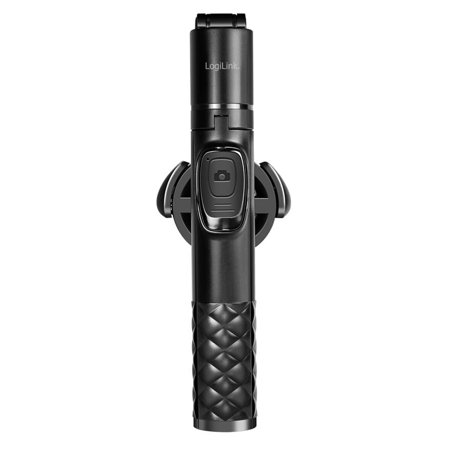 Black LogiLink BT0069 selfie stick with a textured grip, featuring a built-in remote shutter button and adjustable phone holder for smartphones.
