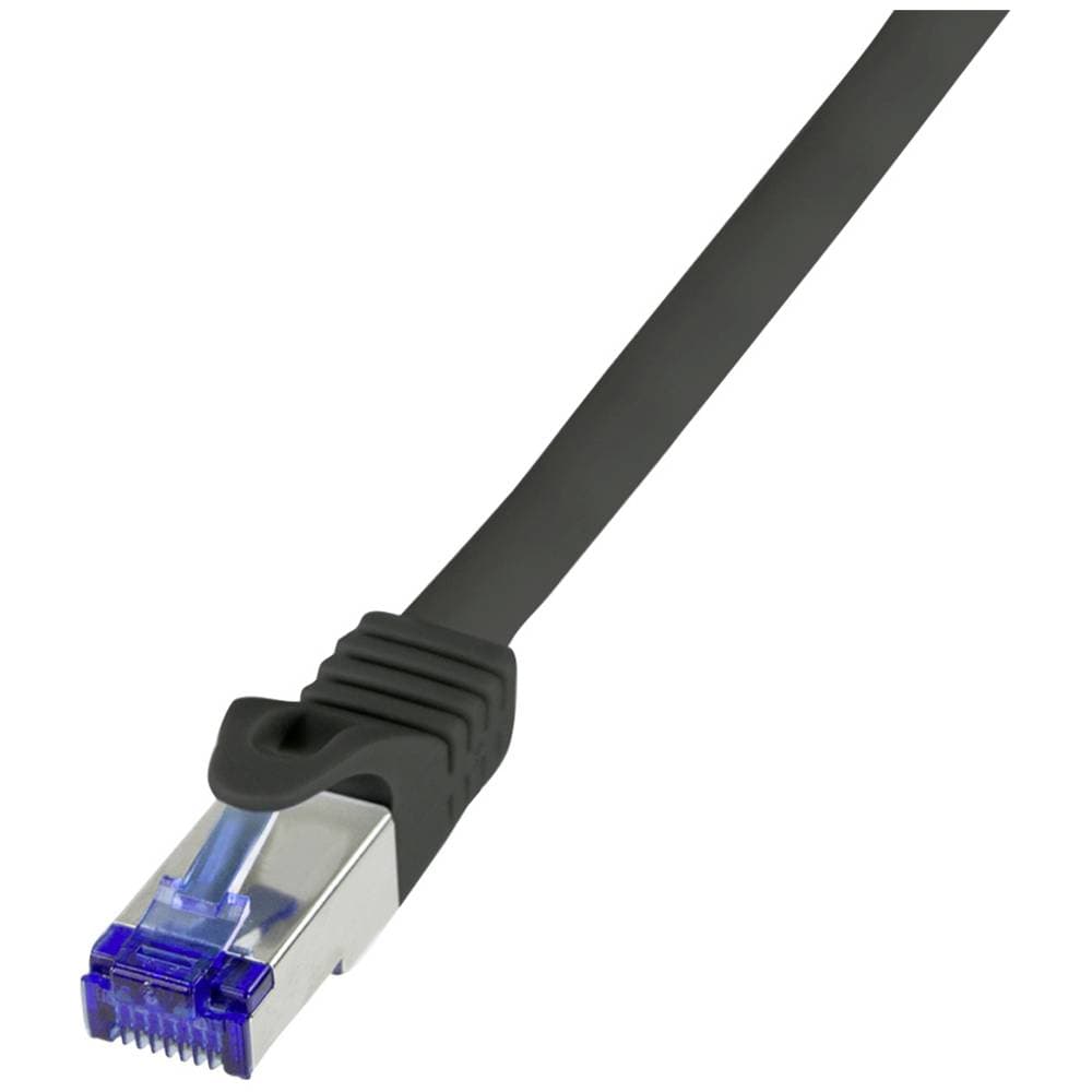 Black 0.25 m LogiLink CAT 6A S/FTP network cable featuring a flexible design and a clear RJ45 connector with a blue clip for secure connections.