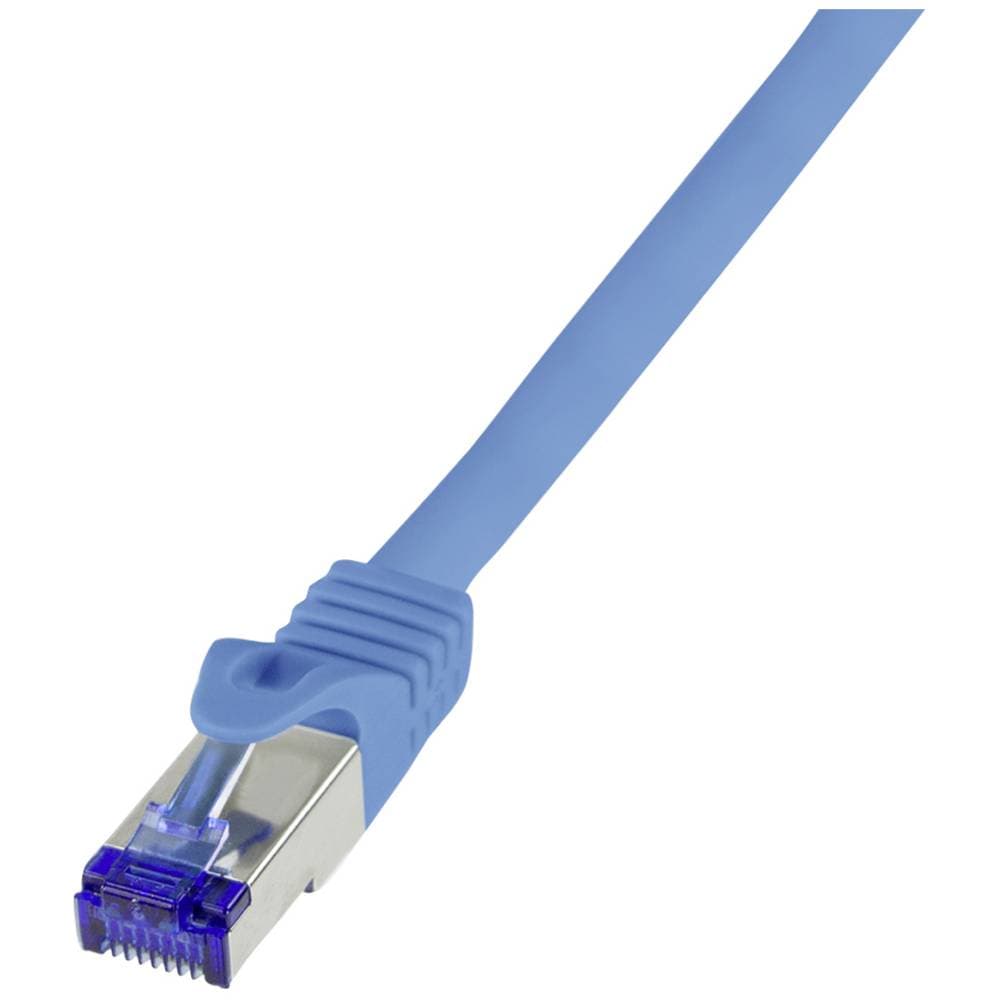 Blue LogiLink C6A026S RJ45 CAT 6A S/FTP network cable, 0.50 meters long, featuring a durable plastic exterior and a clear, metallic RJ45 connector.