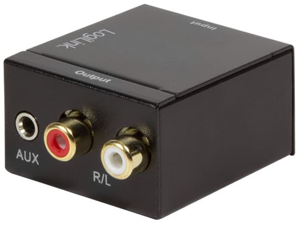Black LogiLink CA0101 audio adapter with Toslink and RCA jack inputs, featuring gold-plated connectors for AUX and red/white audio output.