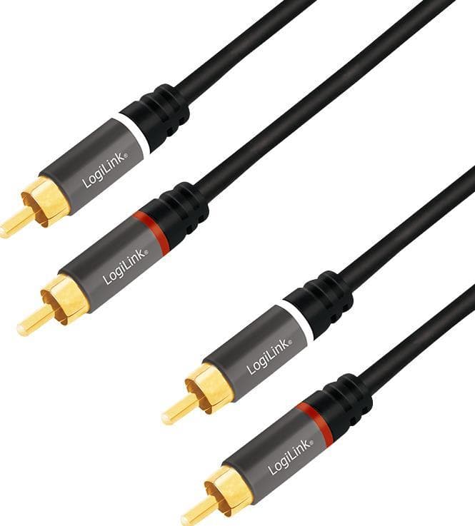 Black 5-meter LogiLink CA1207 audio cable featuring two gold-plated RCA connectors with red and white rings for easy identification.