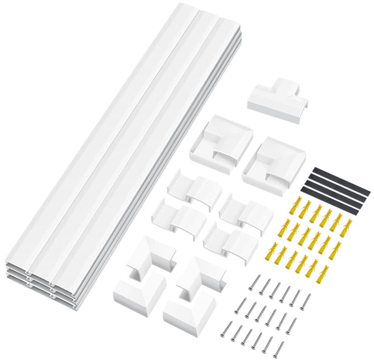 White LogiLink cable channel set with 67 pieces, including straight and corner connectors, mounting clips, and screws for wall installation.