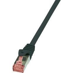 Black 1m LogiLink Cat.6 S/FTP networking cable with a sturdy design, featuring a transparent connector with a pink clip for secure connection.