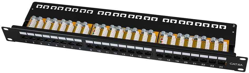 Black metal 24-port patch panel with LSA termination, featuring labeled ports and a sleek design for organized network connections, suitable for Cat.6A UTP cables.