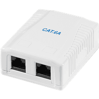 White LogiLink Cat.6A surface mounted box with 2 RJ45 ports, unshielded, with blue text and ribbed sides.