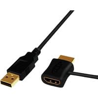 Black LogiLink CH0081 adapter with HDMI Type A and USB connectors, gold-plated tips, and flexible cable.