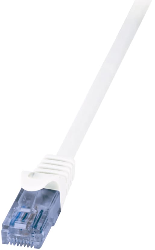White 5-meter Cat6a U/UTP networking cable with a transparent RJ45 connector, featuring a flexible plastic casing and a smooth, rounded design.