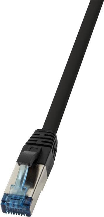Black 3-meter Cat6a S/FTP networking cable with a sturdy plastic connector featuring a blue clip, designed for high-speed data transmission.