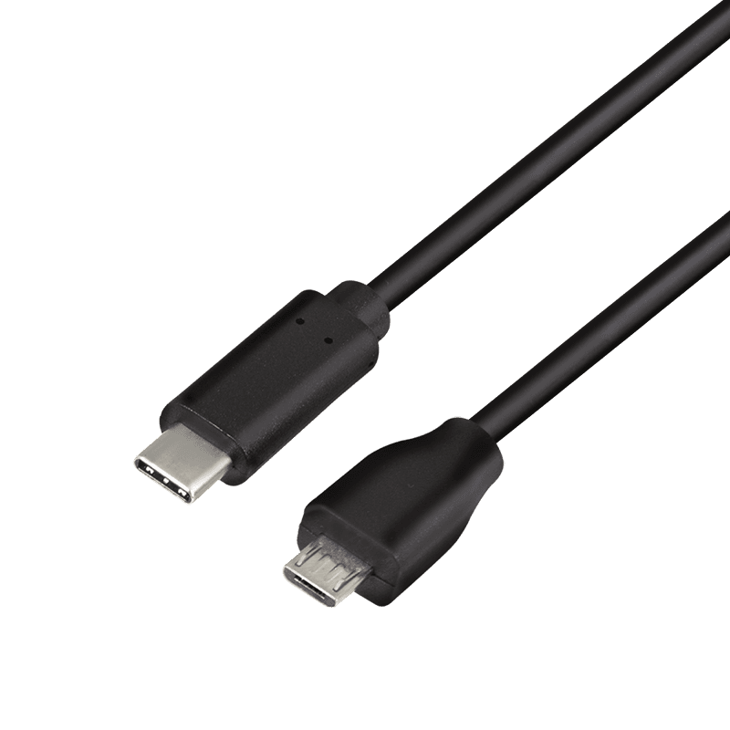 Black USB 2.0 cable, 1 meter long, featuring a USB-C connector on one end and a Micro-USB B connector on the other, designed for fast data transfer and charging.