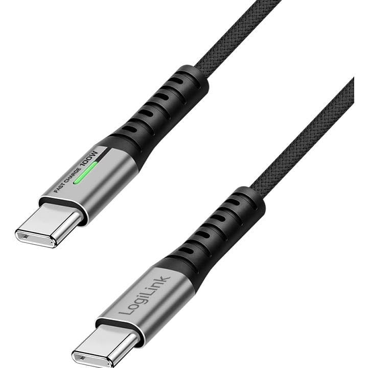 Black LogiLink CU0434 USB 3.2 Gen 2x2 cable, 2 meters long, featuring durable braided material, with USB-C connectors on both ends and a green LED indicator for fast charging.