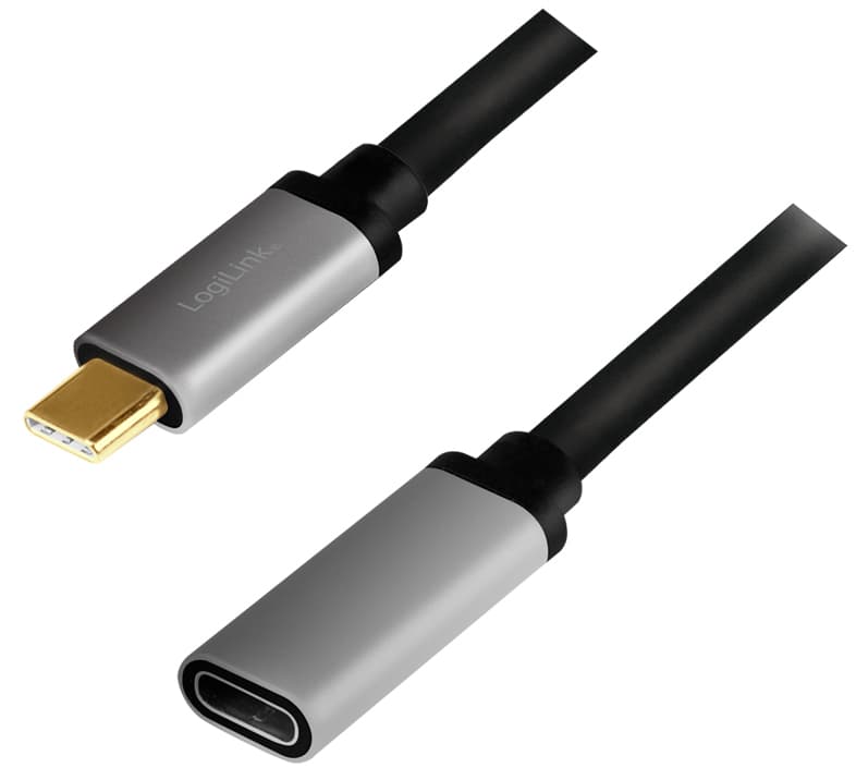 Black USB 3.2 Gen 2 cable by LogiLink, featuring a sleek design with a gold-plated USB-A connector and a USB-C connector, both housed in a gray metallic casing.