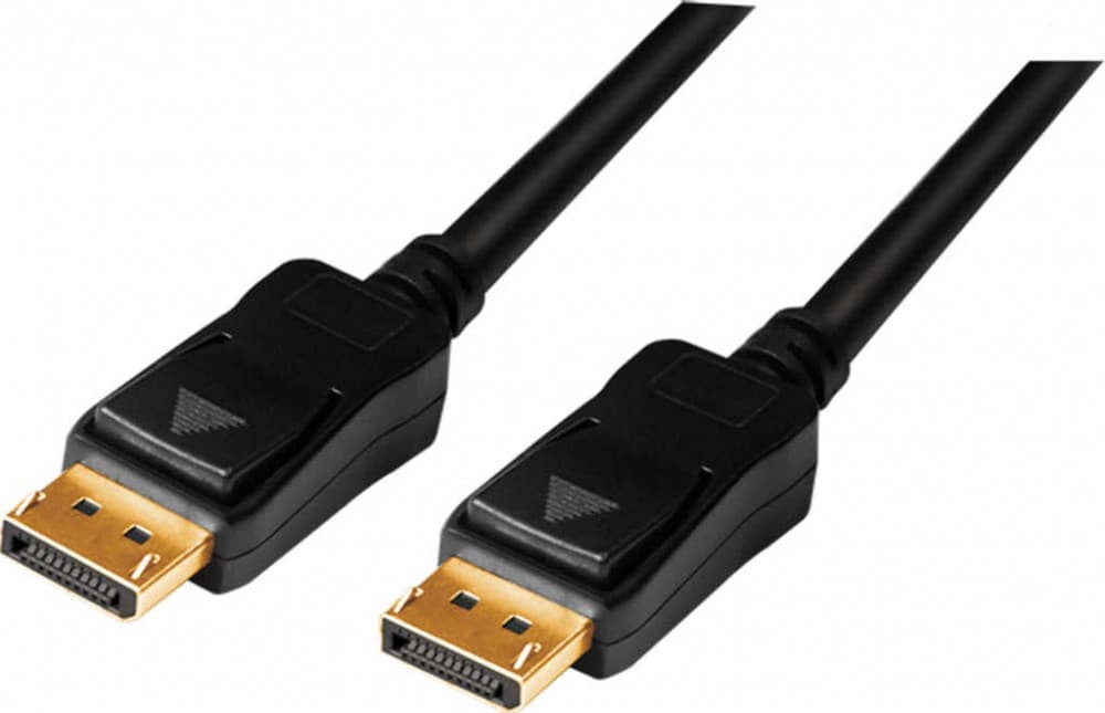 Black LogiLink CV0113 DisplayPort cable, 15 meters long, featuring gold-plated connectors and a sturdy plastic casing with arrow indicators for easy connection.