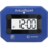 Blue LogiLink electronic parking disc with digital display, black buttons, and KBA certification mark.