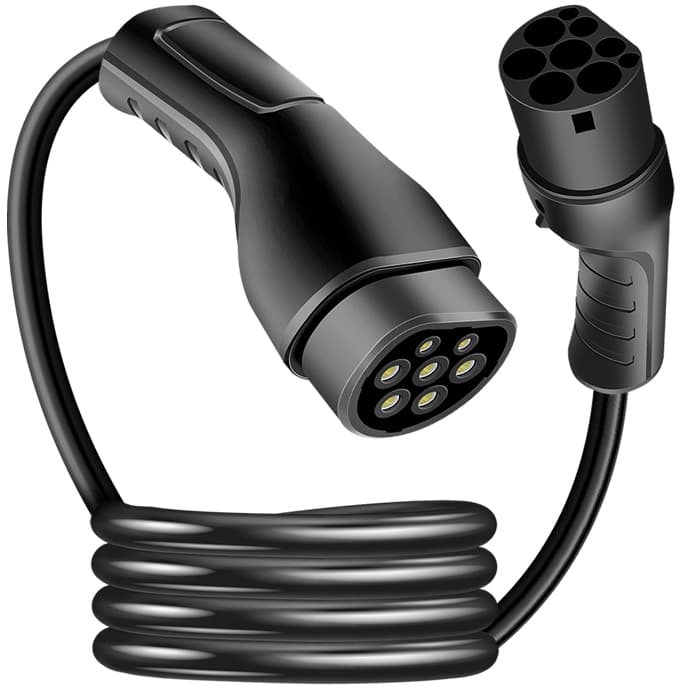 LogiLink Type 2 EV charging cable in black, 3-phase, 32A, 22KW, coiled design with a sturdy grip handle, featuring a connector with six pins, includes a carrying bag.