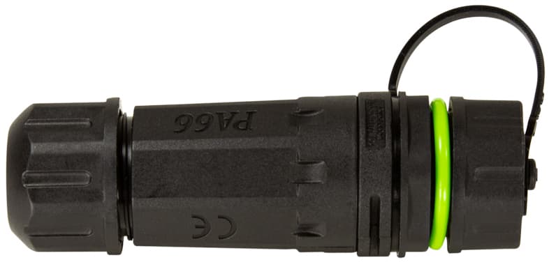 Black fibre optic connector with a cylindrical shape, featuring a green rubber ring and a protective cap, designed for SC female connections.