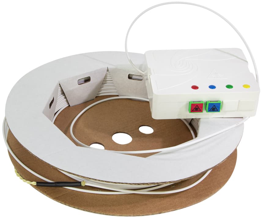 LogiLink FTTH termination box in white plastic with colored buttons (red, green, blue, yellow) on a circular cardboard spool with a 20 m connection cable.