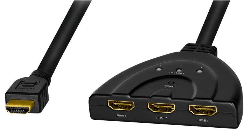 Black LogiLink HD0040 HDMI video switch with a triangular design, featuring three HDMI output ports and one input port, all with gold-plated connectors for optimal signal quality.