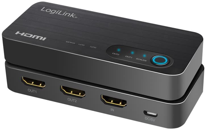 LogiLink HDMI splitter in black and silver, featuring two HDMI output ports, one input port, a power input, and a blue LED indicator for 4K/60 Hz support and downscaling.