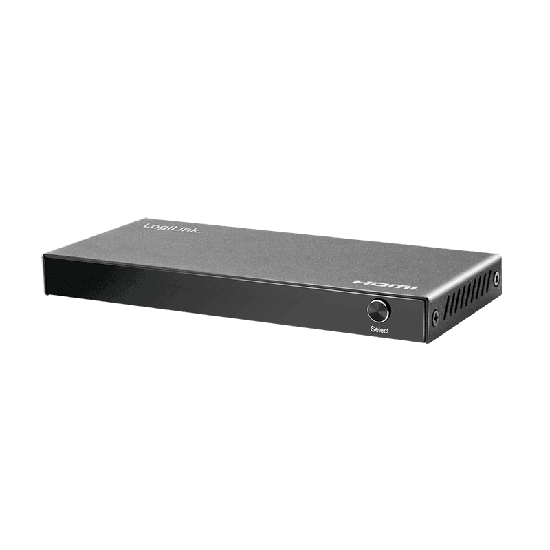 LogiLink HDMI switch with a sleek black design, featuring four input ports, a single output port, and a select button, supporting 4K/60 Hz resolution and HDR.