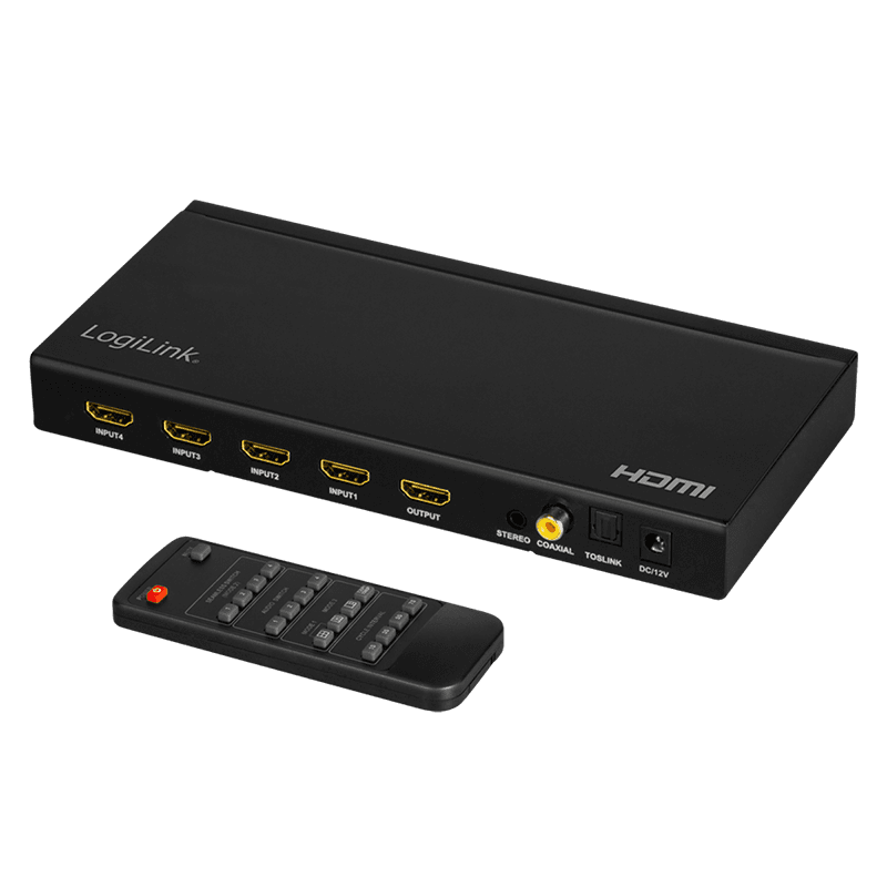 LogiLink HDMI Switch featuring a sleek black design with four HDMI input ports, one output port, and a remote control for easy switching between devices.